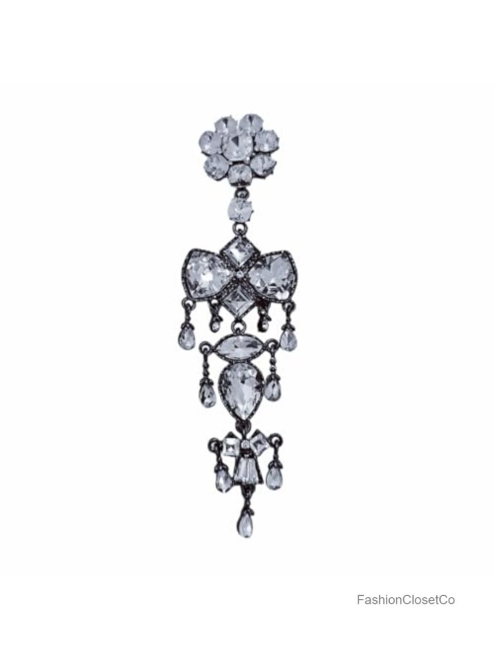 Gunmetal Crystal Chandelier Brooch Floral Stud Cascading Rhinestone Statement
